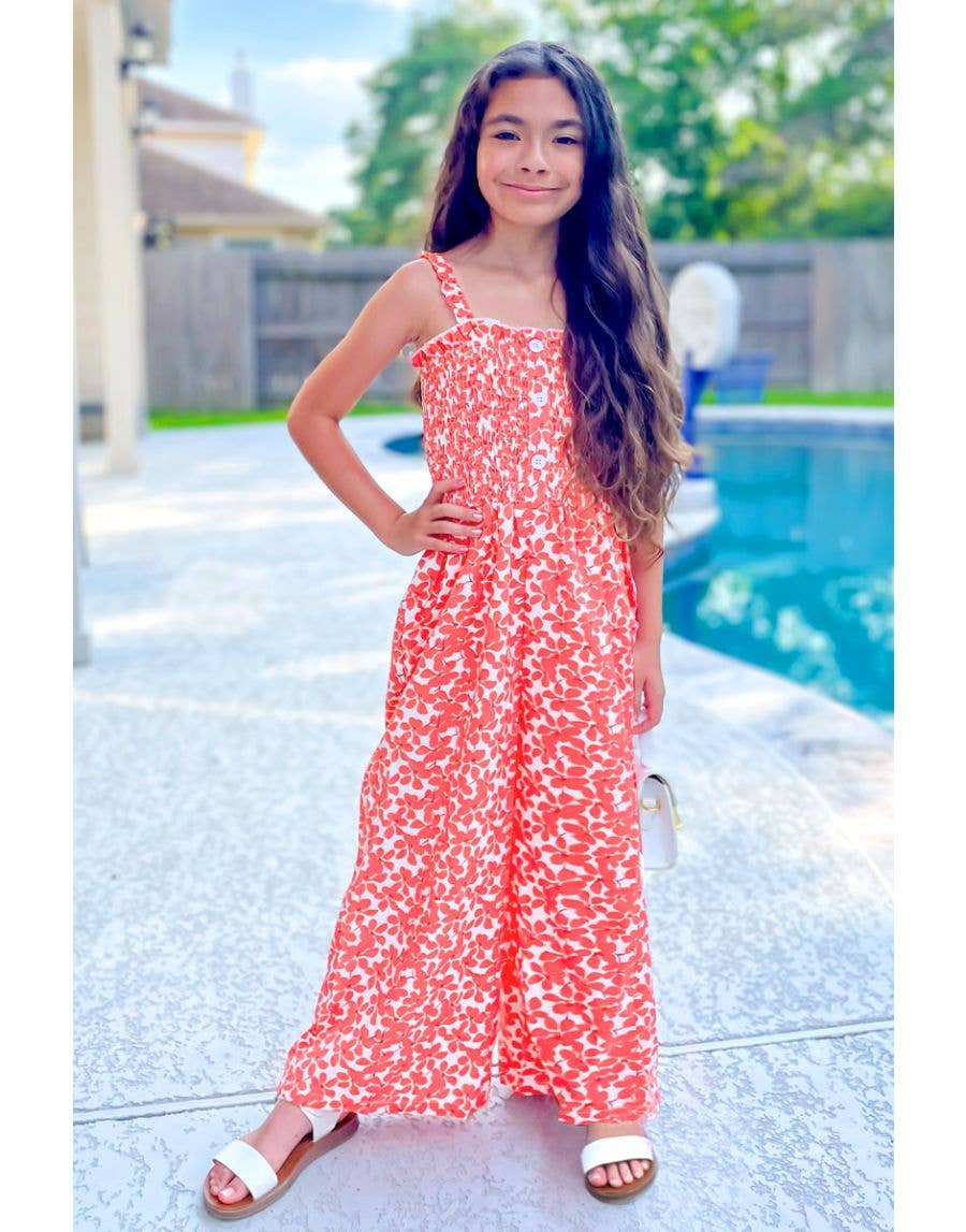 GKD-3103B-L35 Girl's Romper w/ Smocking & Side Pockets : Coral Floral / L12/14