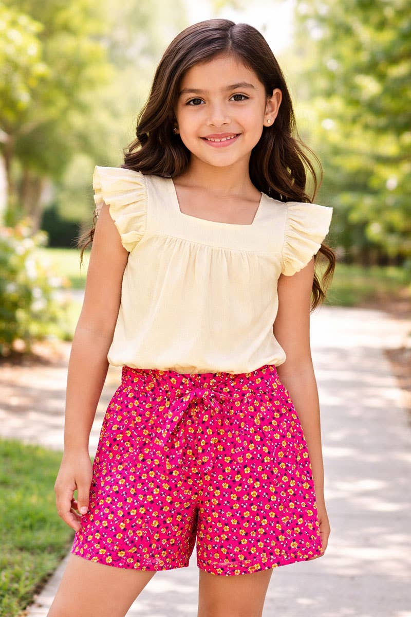 GKSS-3303B-Q201 Girl's 2 pc Floral Short Set w/ Ribbed Top: Creme/Fuchsia Floral / M8/10