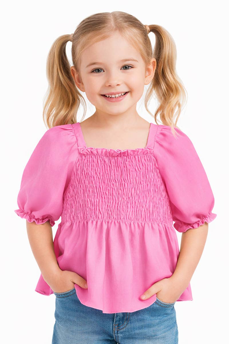 GKT-18002B-Q17 Girl's Fashion Top w/Smocking & Puff Sleeve: Pink #17 / L12/14