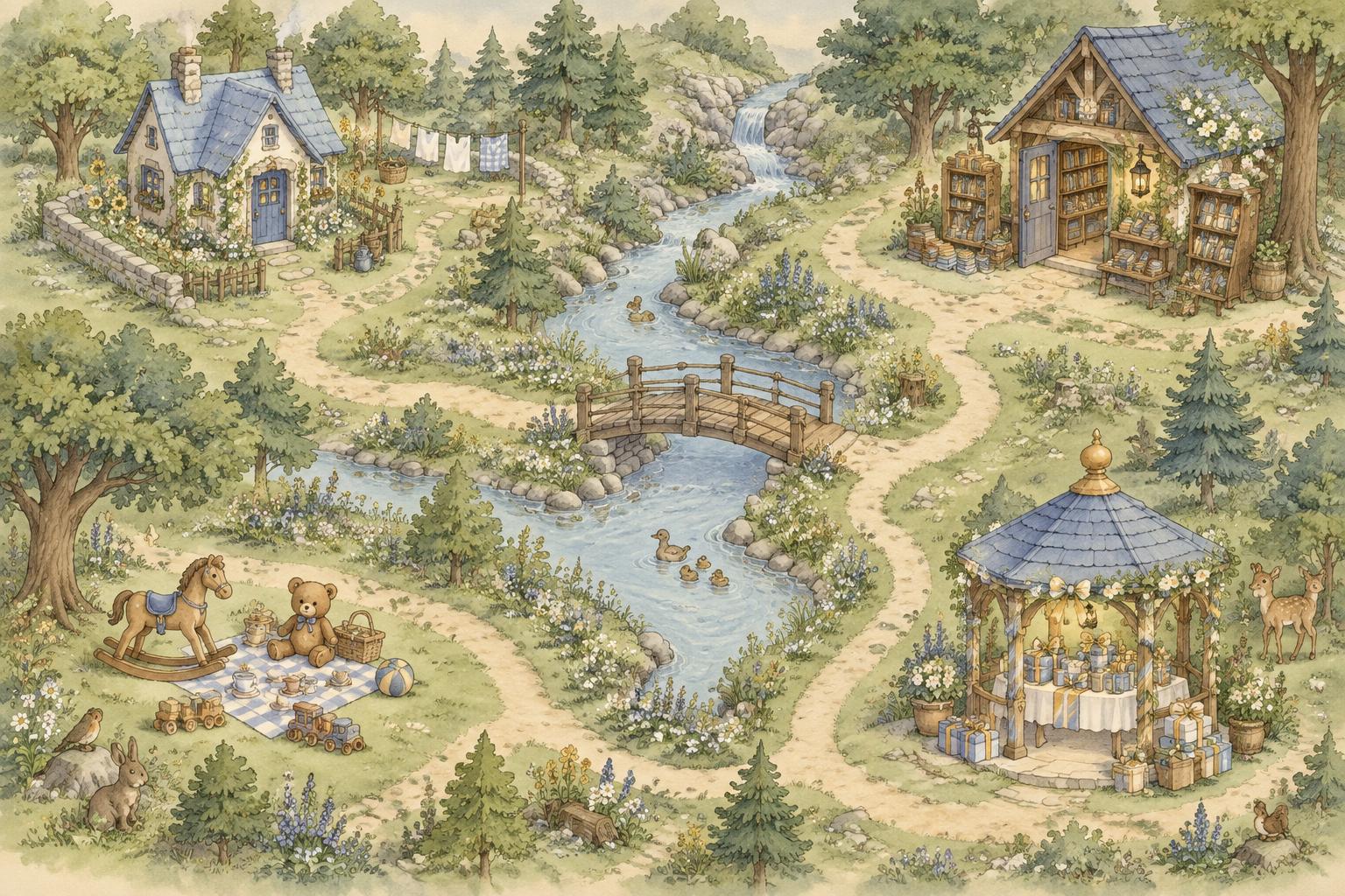 Watercolor woodland with a little wardrobe cottage, bookshop, toy glade, and gift pavilion