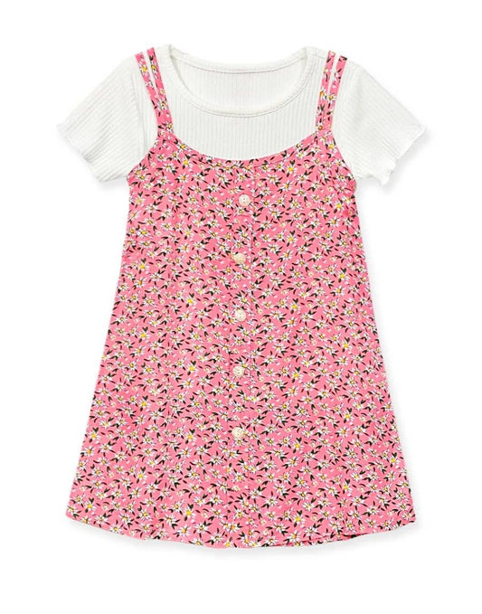 GKSS-3305B-Q304 Girl's 2 pcs Floral Dress & Ribbed Tee Set: Pink Mix Floral / M8/10