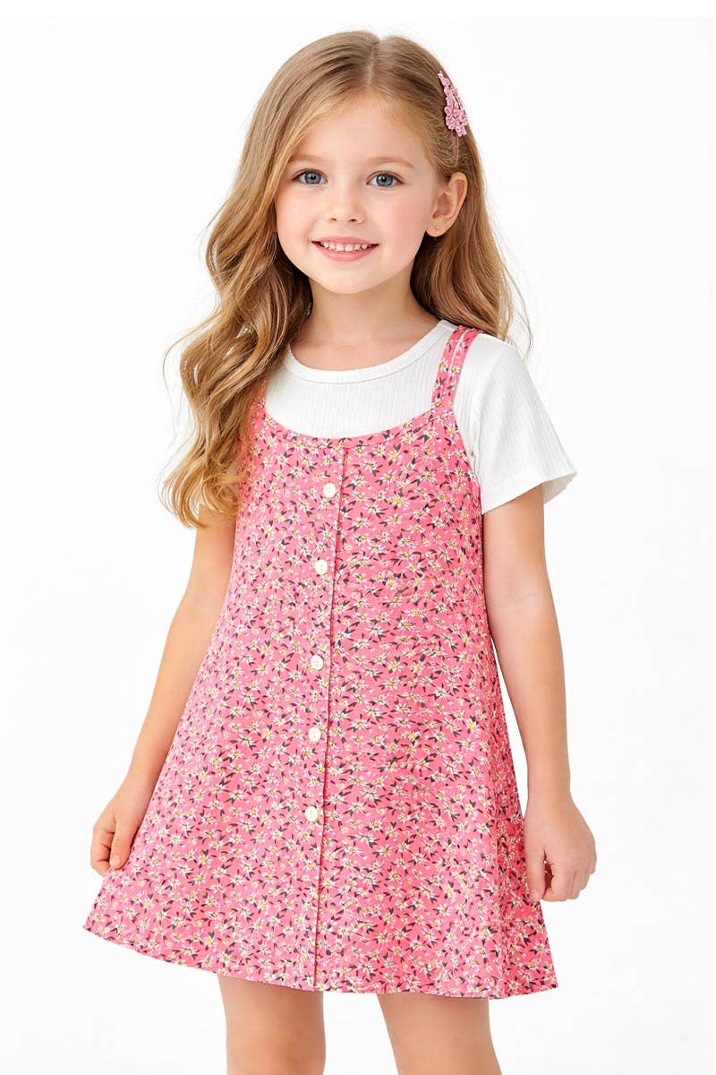 GKSS-3305B-Q304 Girl's 2 pcs Floral Dress & Ribbed Tee Set: Pink Mix Floral / L12/14