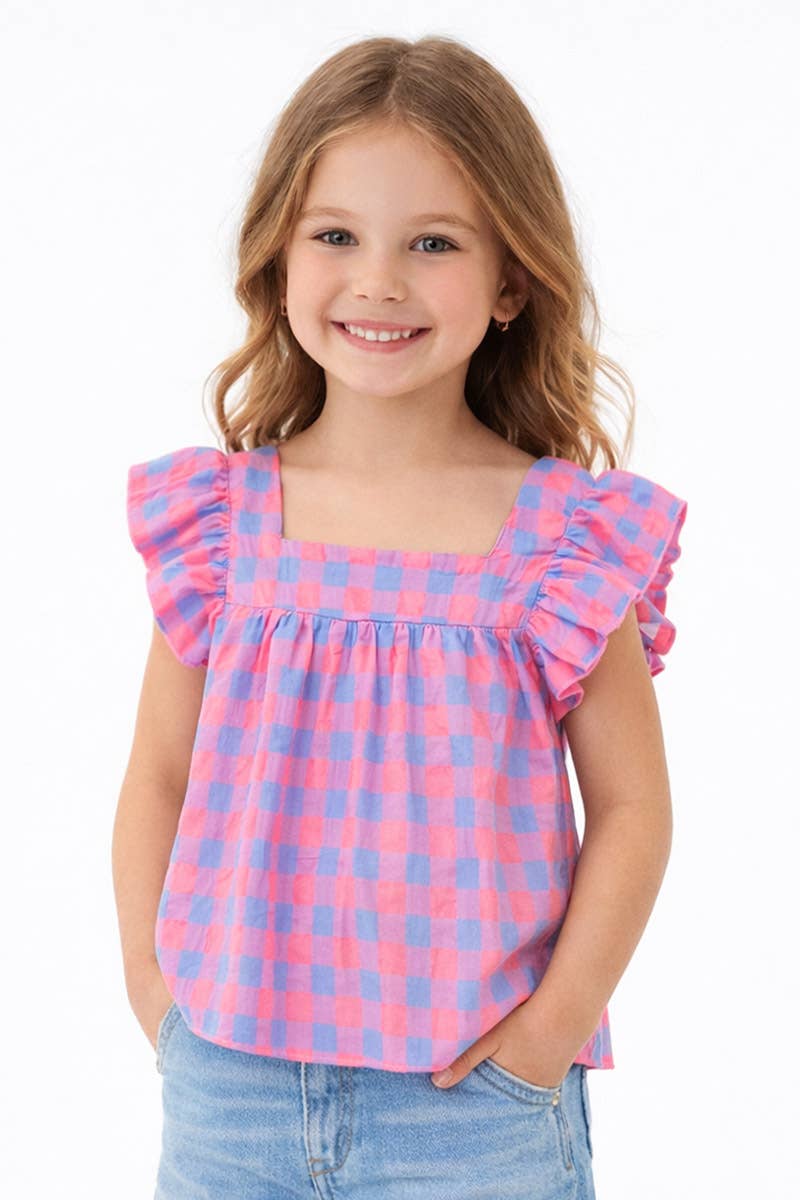 GKT-18004B Girl's Checker Fashion Top w/ Square Neckline: Pink Blue Checker / L12/14