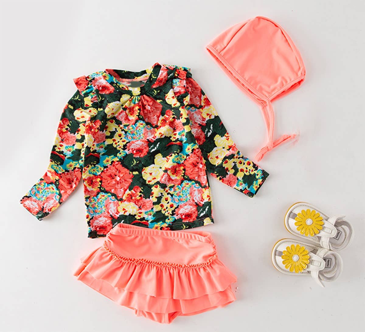 Peach Floral 3pcs Girl Swimwear Set: 5T
