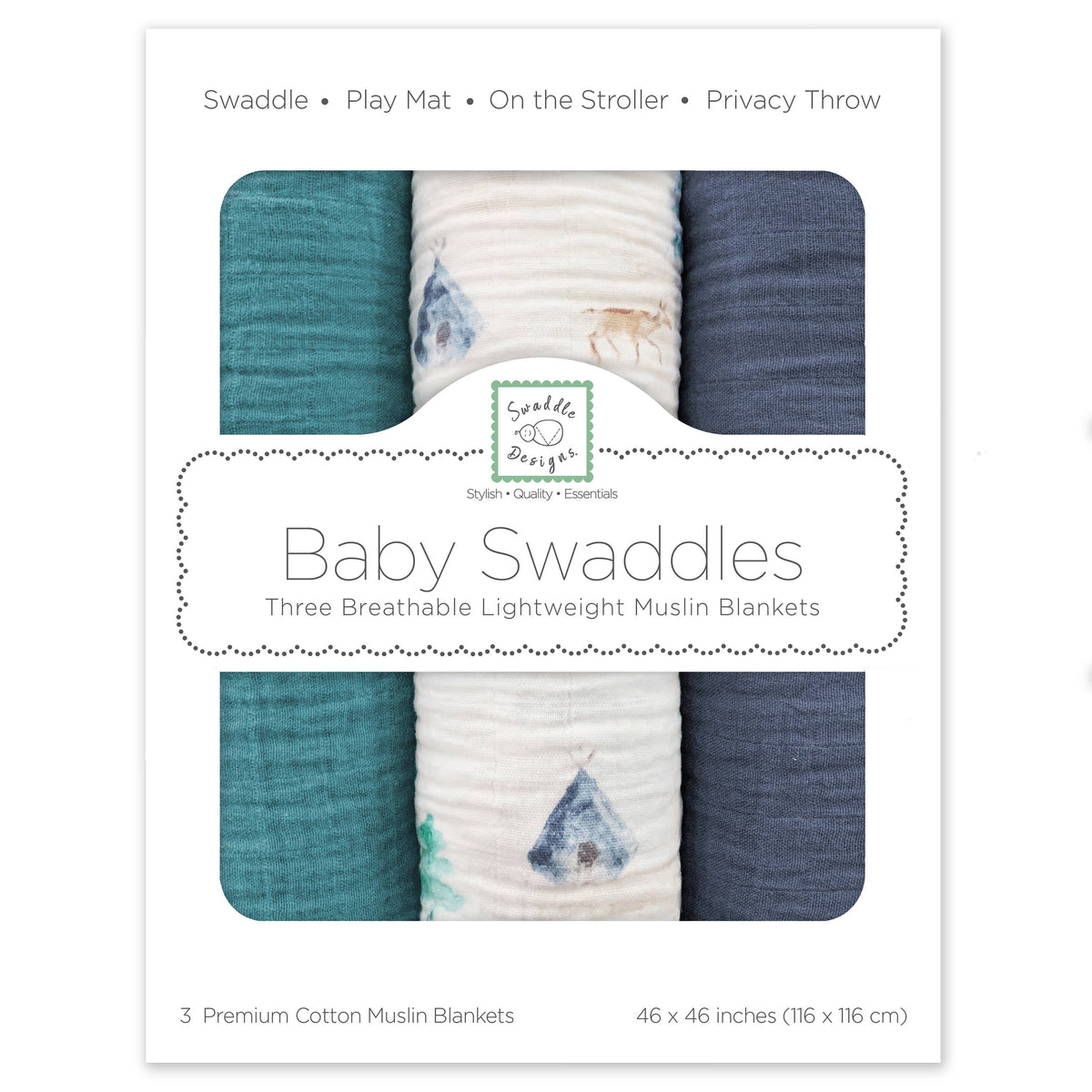 Muslin Swaddles, Set of 3, Watercolor Mountains & Trees