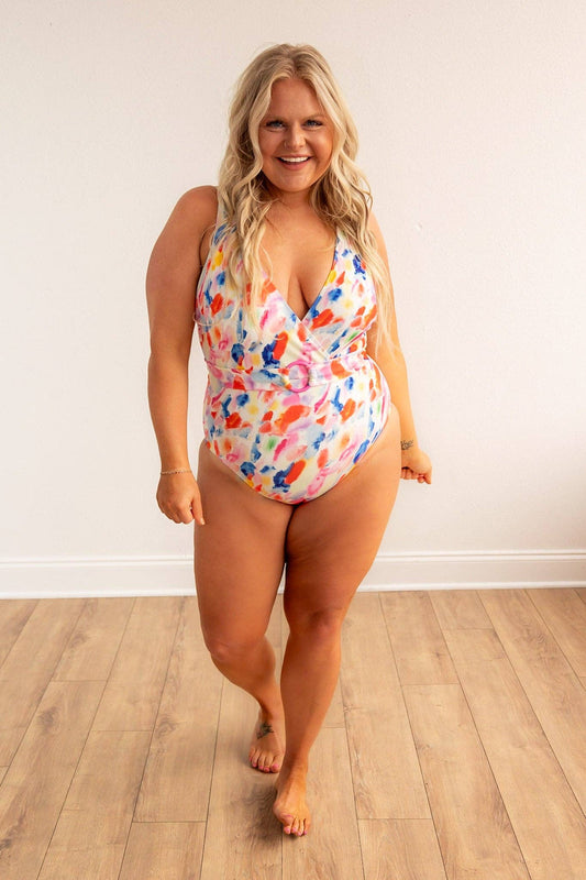Abstract multicolor one piece swimwear with belt: Multi / Small