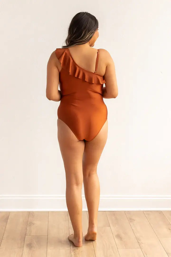 The Serena Rust Off The Shoulder One Piece With Ruffle: Rust / Large