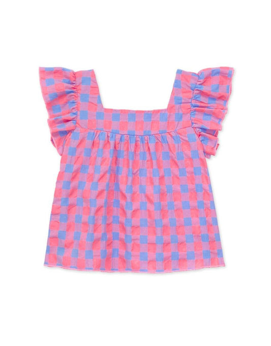 GKT-18004B Girl's Checker Fashion Top w/ Square Neckline: Pink Blue Checker / L12/14