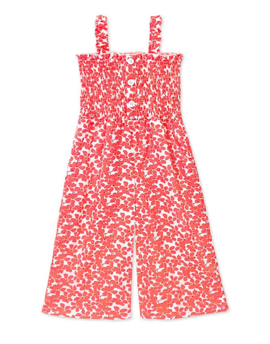 GKD-3103B-L35 Girl's Romper w/ Smocking & Side Pockets : Coral Floral / L12/14