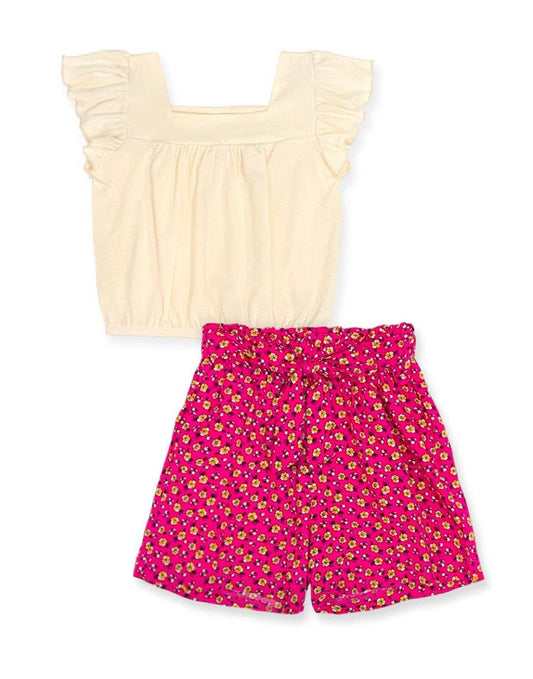 GKSS-3303B-Q201 Girl's 2 pc Floral Short Set w/ Ribbed Top: Creme/Fuchsia Floral / S6/7