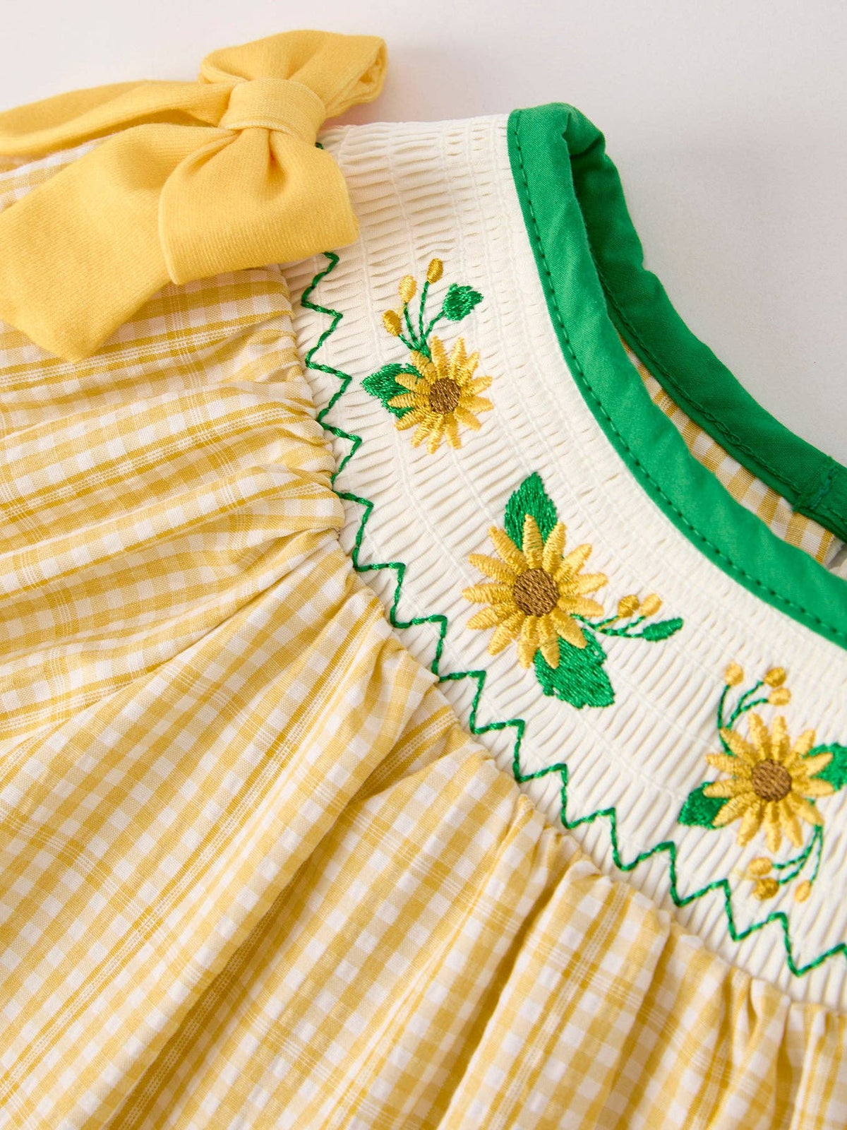 Yellow Plaid Floral Smocking Embroidered Dress