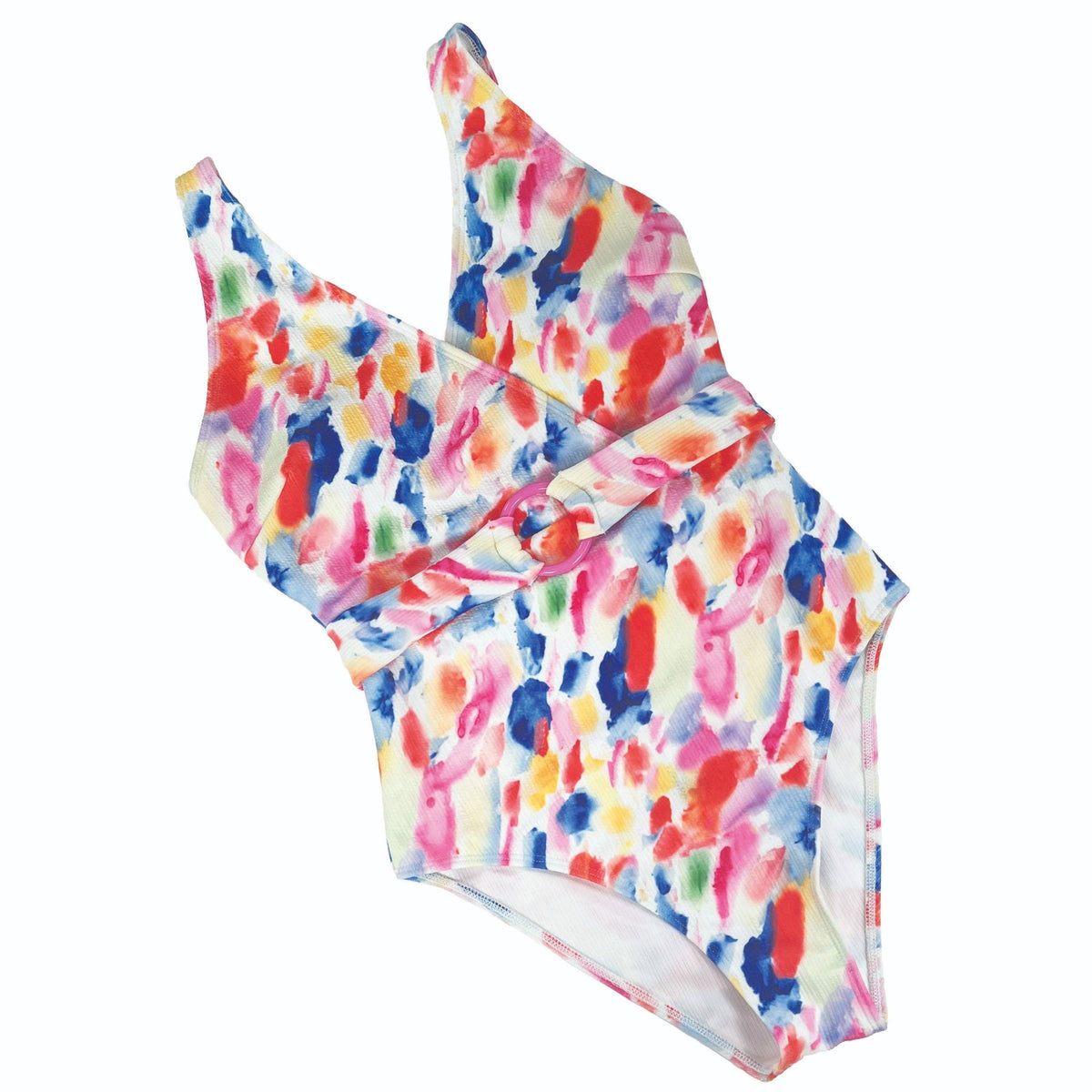 Abstract multicolor one piece swimwear with belt: Multi / Small