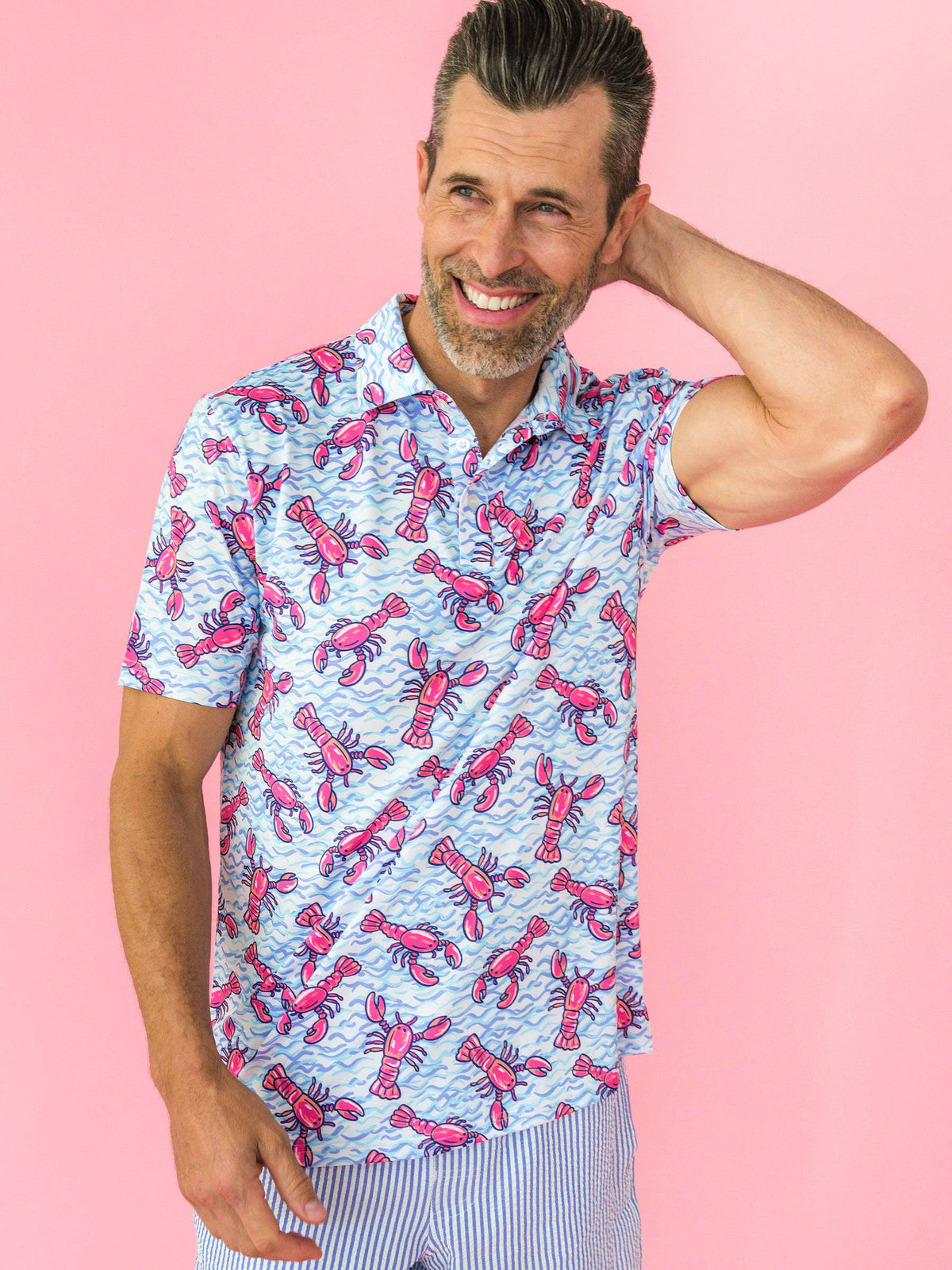 Men's Blue Lobster Lagoon Knit Short Sleeve Performance Polo: Blue / Men's XXL