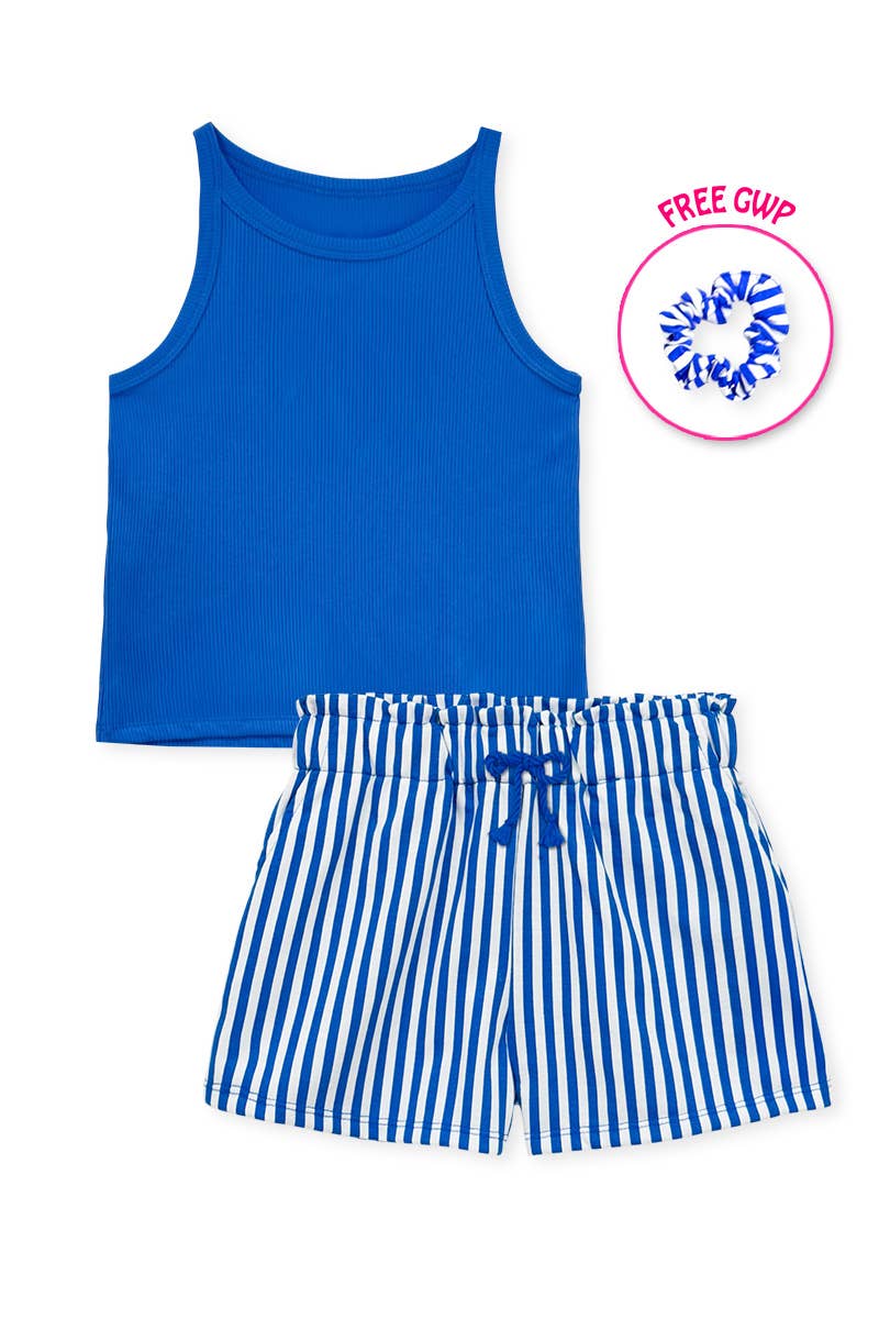 GKSS-Y26-38185 Girl's Stipe Short Set w/ Matching Scrunchie: Blue / 7
