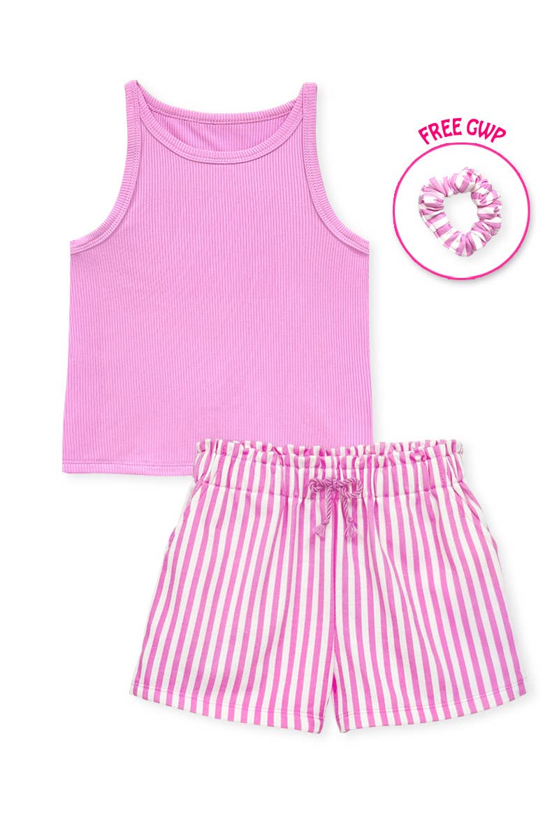 GKSS-Y26-38185 Girl's Stipe Short Set w/ Matching Scrunchie: Blue / 4