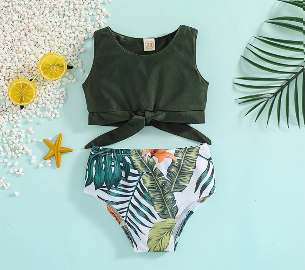 Green Tropical Toddler 2-Piece Little Girl Swimsuit Set: 6-12 Months