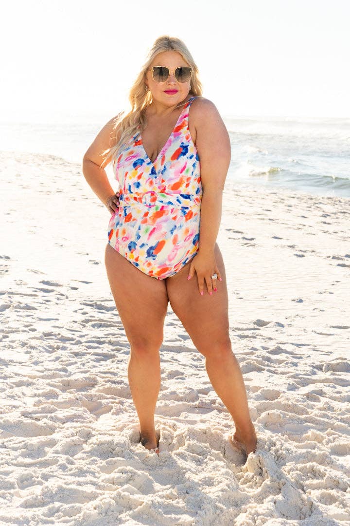 Abstract multicolor one piece swimwear with belt: Multi / Medium