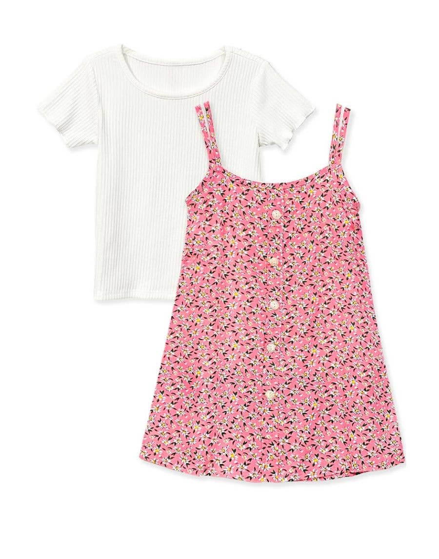 GKSS-3305B-Q304 Girl's 2 pcs Floral Dress & Ribbed Tee Set: Pink Mix Floral / L12/14