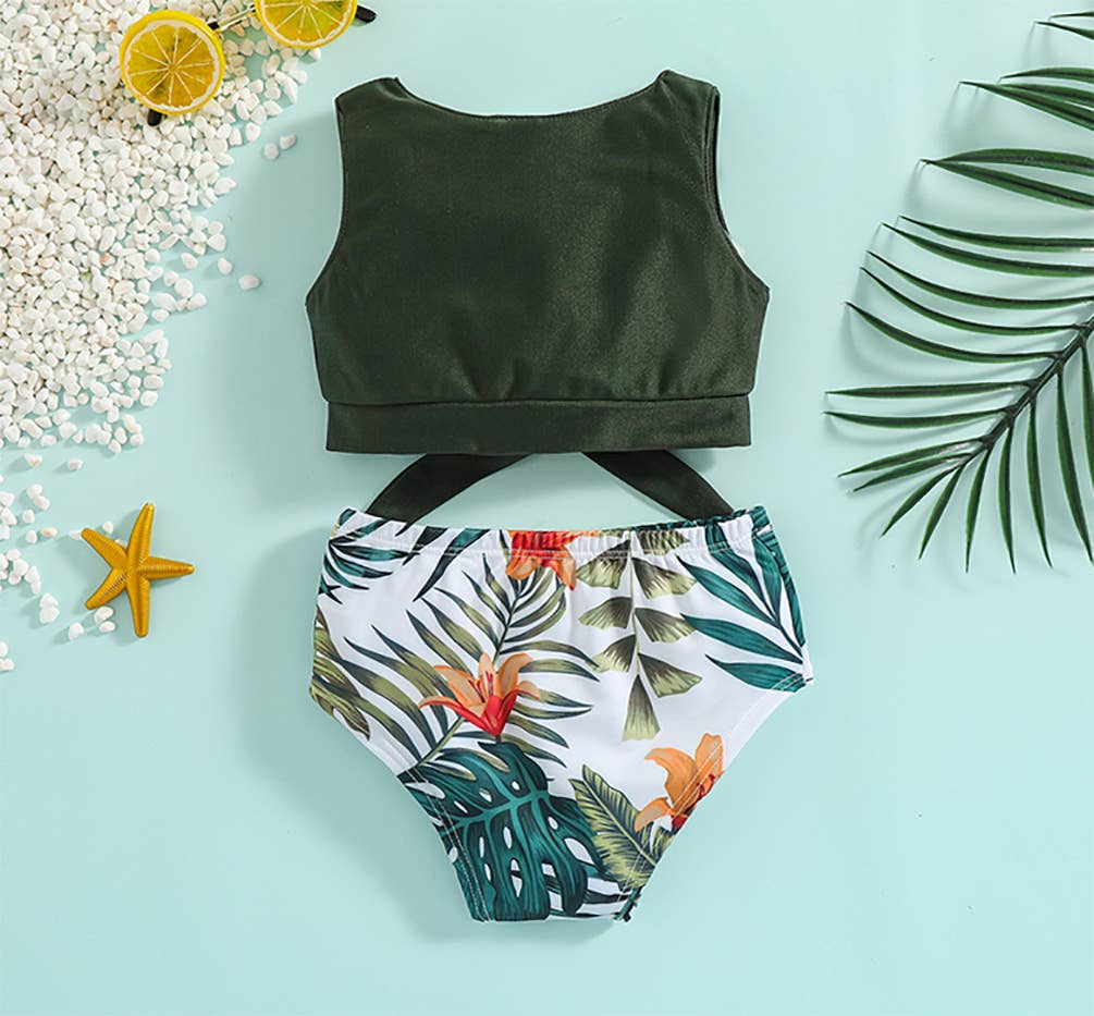 Green Tropical Toddler 2-Piece Little Girl Swimsuit Set: 2-3T