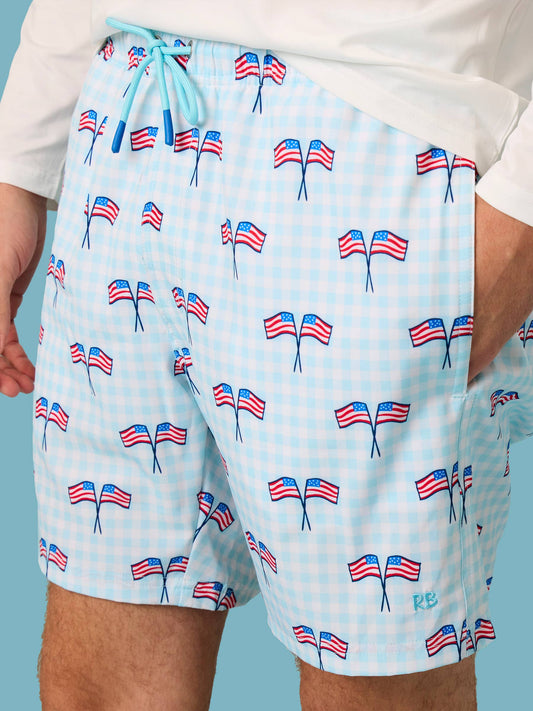 Men's Blue Patriotic Gingham Performance Hybrid Swim Trunks: Blue / Men's L