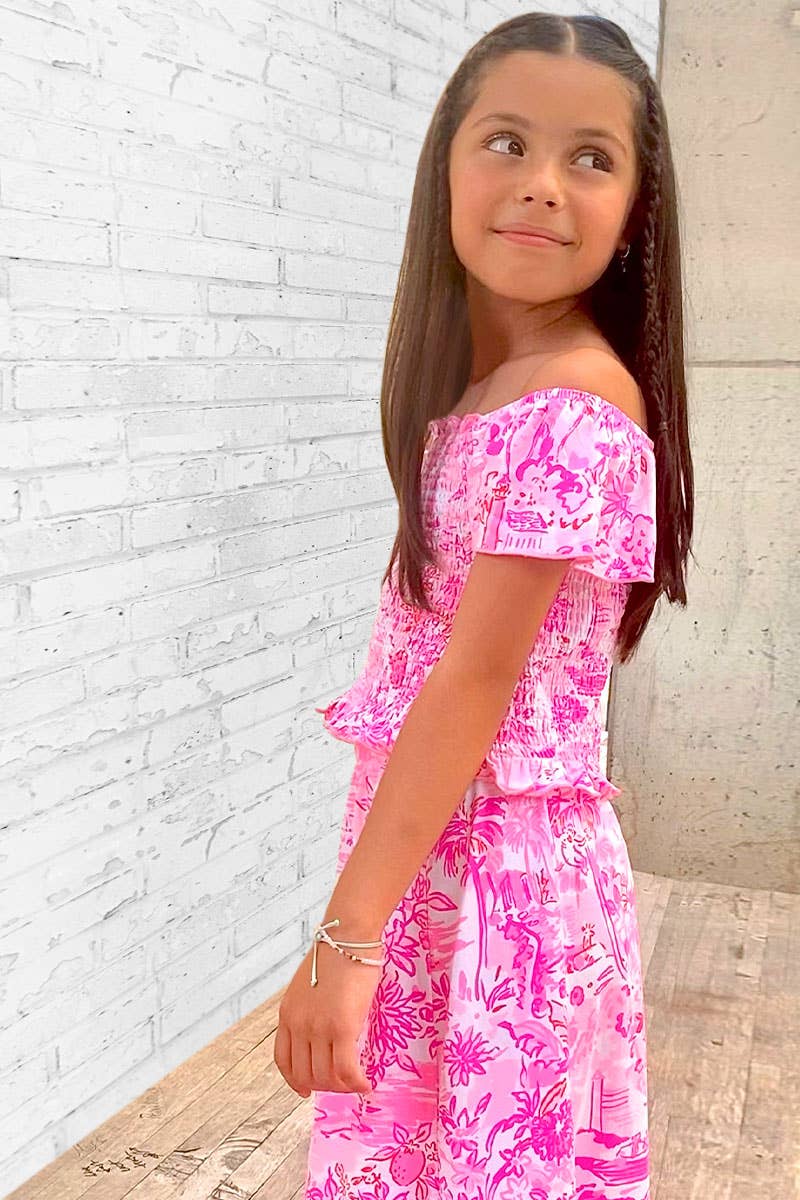 GKSS-3171B-Q74 Girl's 2 pcs Maxi Skirt Set w/ Smocking Top: Pink Coral Reef / S6/7