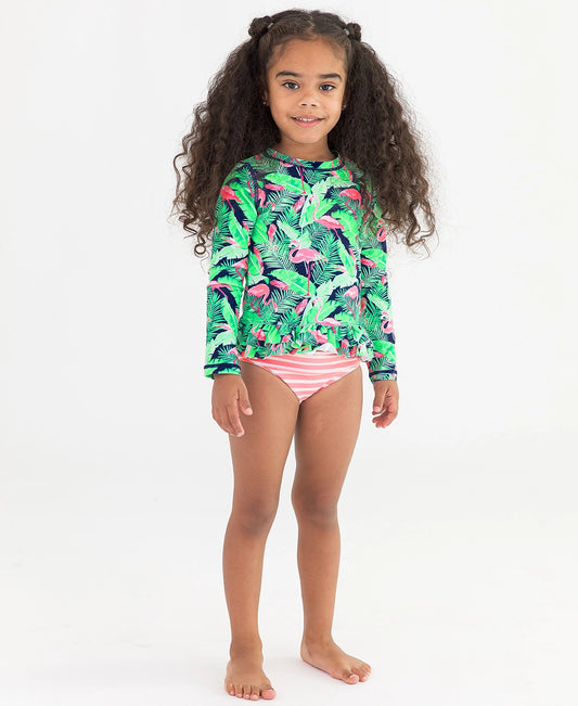 Flamingo Frenzy Ruffle Hem Rash Guard 2-piece