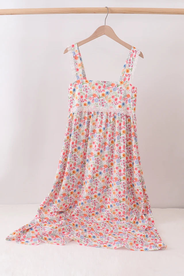 Coral Floral Print Mom Lace Dress