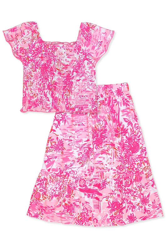 GKSS-3171B-Q74 Girl's 2 pcs Maxi Skirt Set w/ Smocking Top: Pink Coral Reef / S6/7
