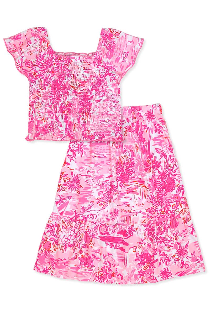GKSS-3171B-Q74 Girl's 2 pcs Maxi Skirt Set w/ Smocking Top: Pink Coral Reef / M8/10