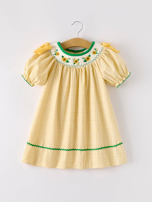Yellow Plaid Floral Smocking Embroidered Dress