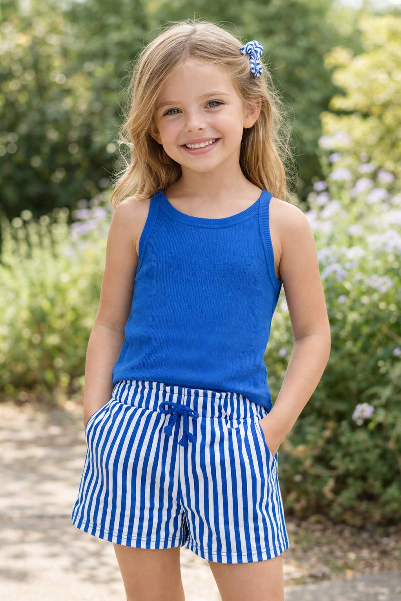 GKSS-Y26-38185 Girl's Stipe Short Set w/ Matching Scrunchie: Blue / 6