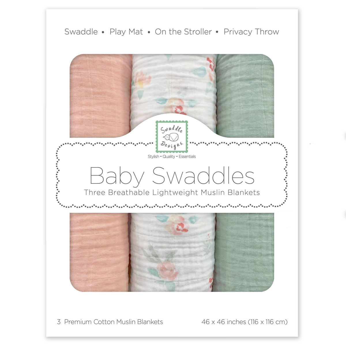 Muslin Swaddles, Set of 3, Watercolor Peachy Pink Floral